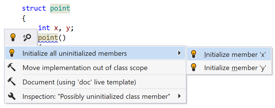 JetBrains Rider C++: quick-fix to initialize members