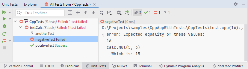 JetBrains Rider: Unit test sessions for C++ tests