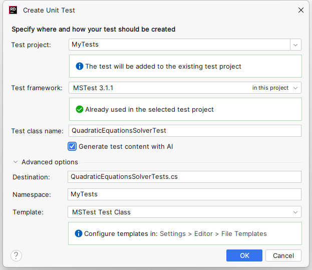 JetBrains Rider: Create Unit Test dialog