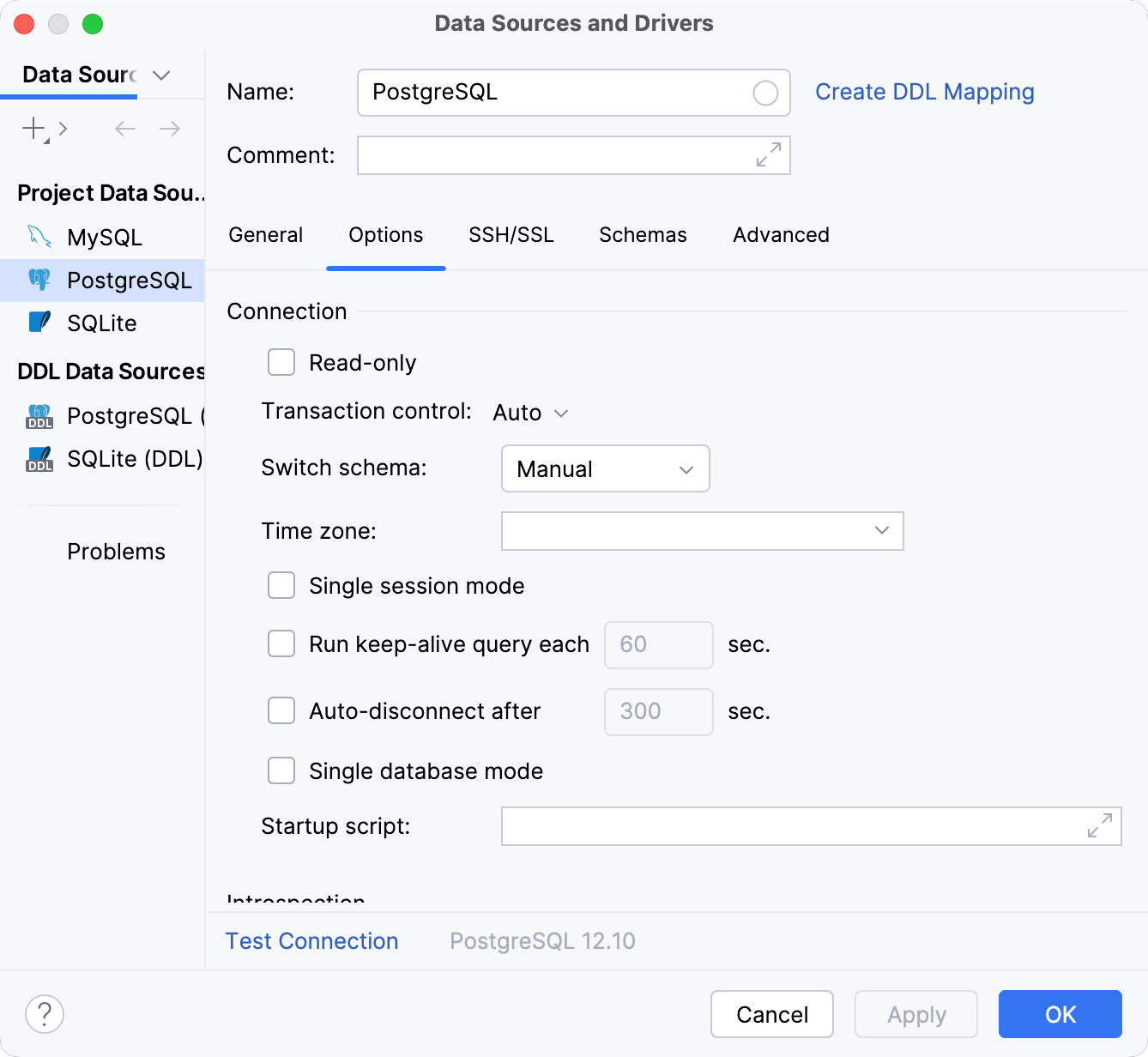 Data Source and Drivers dialog: Options tab of Data Sources settings