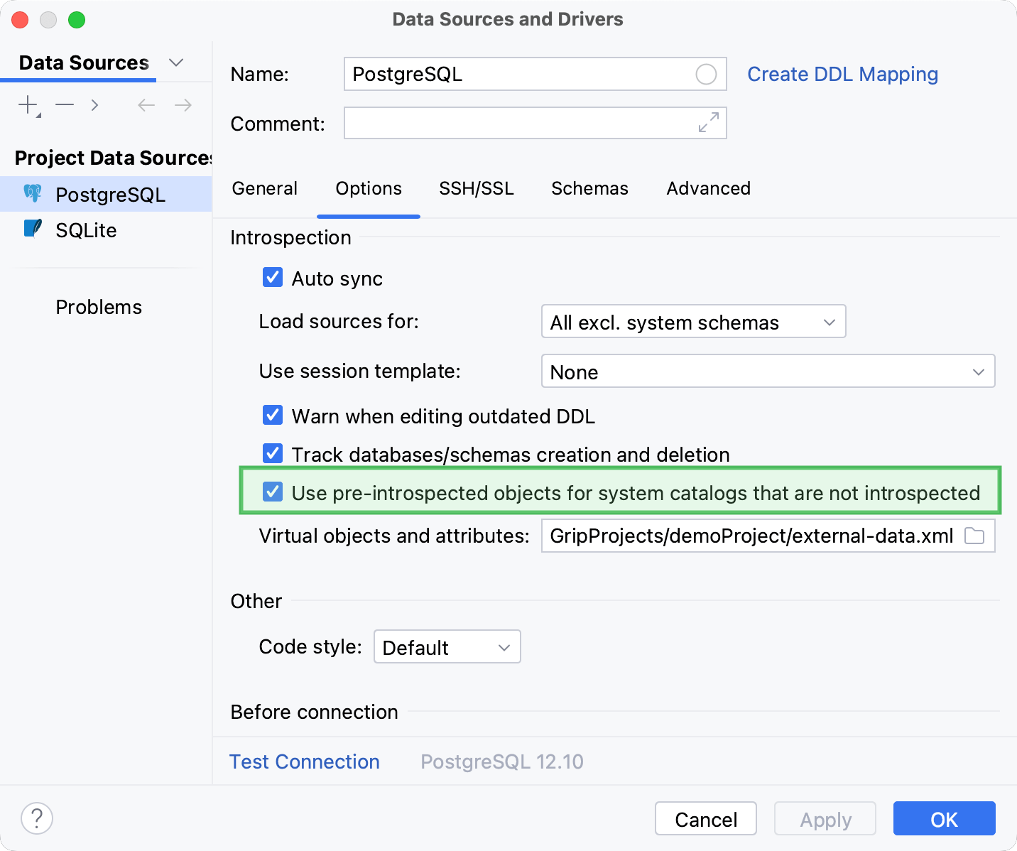 Introspect system catalogs for a data source