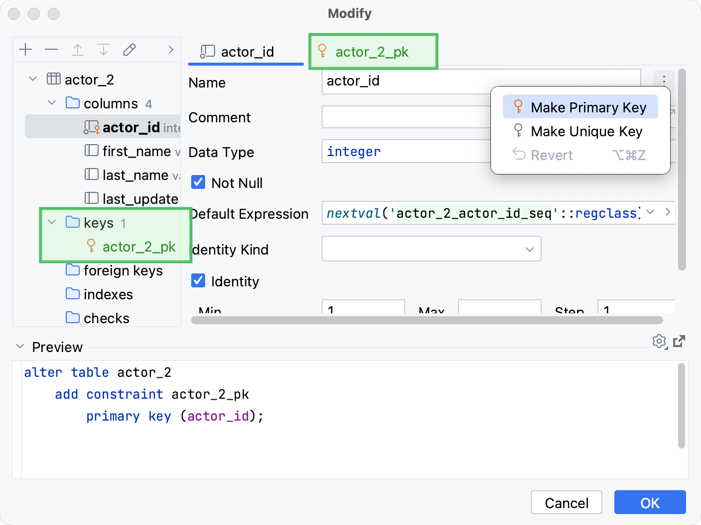 Make a column a primary key