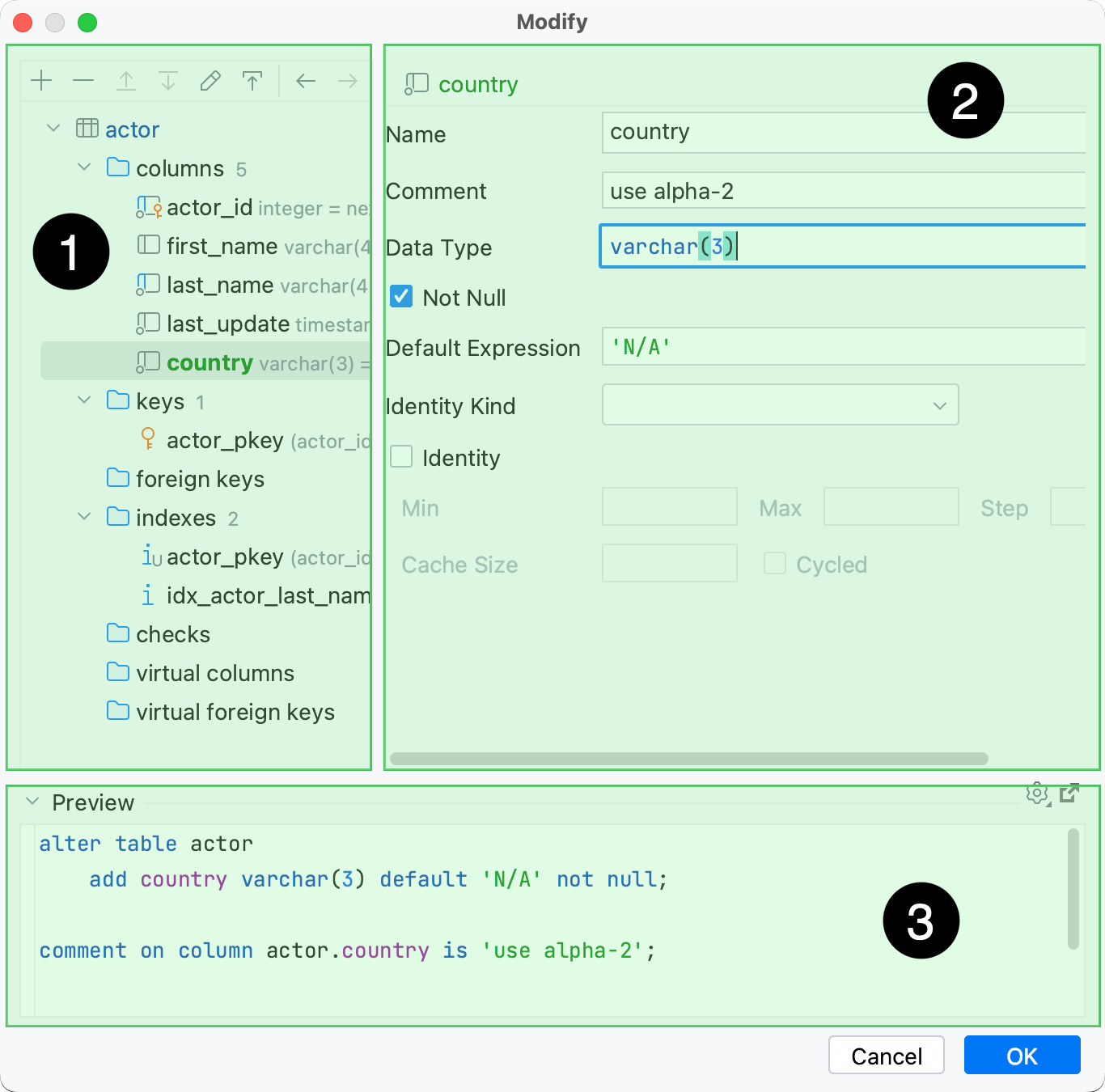 Parts of the Create and Modify dialogs