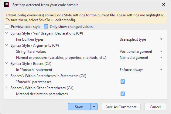 JetBrains Rider: Using formatting rules from existing code