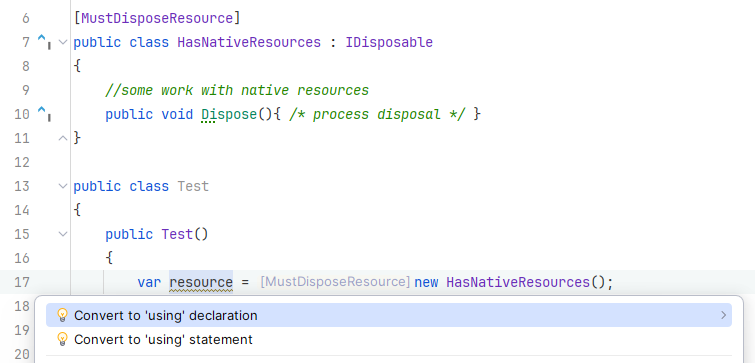 JetBrains Rider: Dispose analysis. Enforce 'using' directive