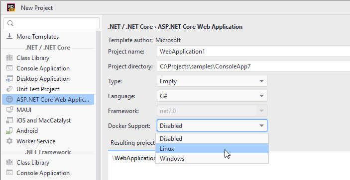 JetBrains Rider: Enable Docker support for a new .NET project