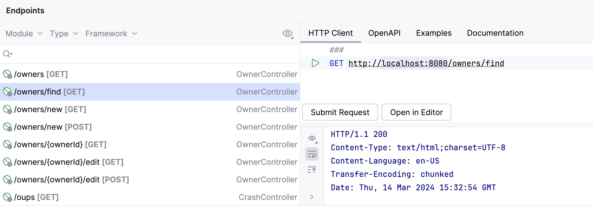 Endpoints tool window: HTTP Client tab