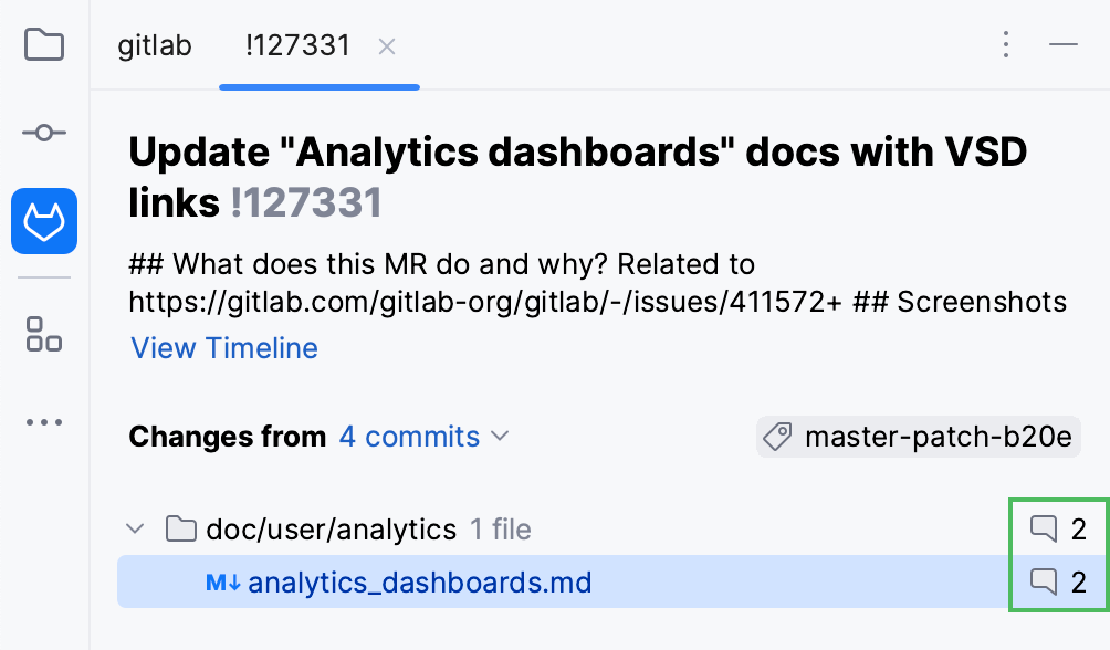 Commented files in the Merge Requests tool window