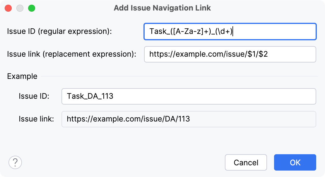 Add Issue Navigation Link dialog