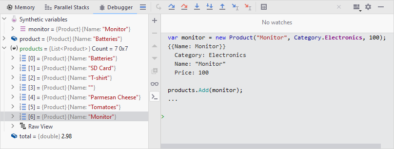 JetBrains Rider: Synthetic variables in the Immediate window