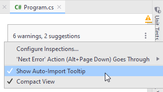 JetBrains Rider: Choosing import popup mode from the context menu of the file status indicator