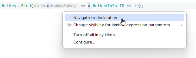 JetBrains Rider: configuring parameter name hints from the Alt+Enter menu