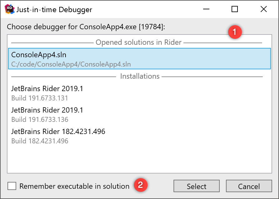 JetBrains Rider: Choosing how to launch just-in-time debugger