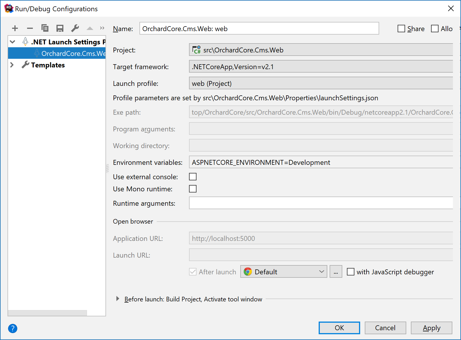 Launcher profiles json. Rider configuration variable. Jetbrains Rider. Orchard Core cms.