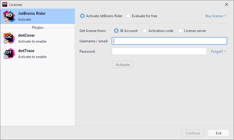 JetBrains Rider: Licenses dialog