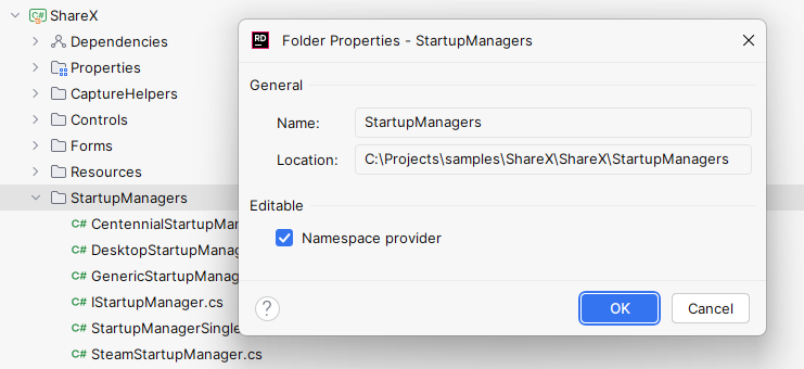JetBrains Rider: 'Namespace provider' property of a project folder