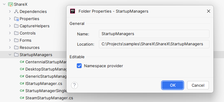 JetBrains Rider: 'Namespace provider' property of a project folder