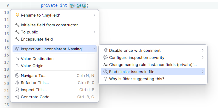 JetBrains Rider: Using action list to find naming style issues
