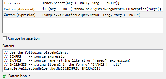 JetBrains Rider: custom patterns for null checking