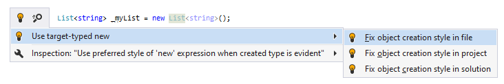 JetBrains Rider syntax style inspection: Use target-typed new