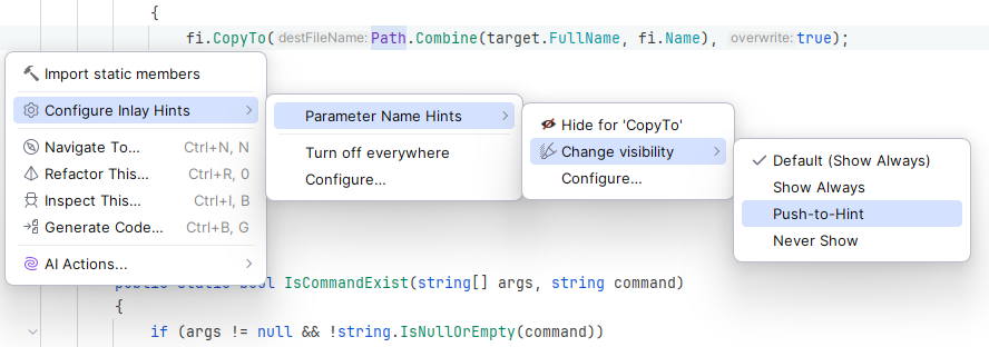 JetBrains Rider: configuring parameter name hints from the Alt+Enter menu