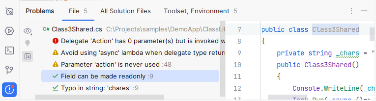 JetBrains Rider: Problems tool window. Current File tab