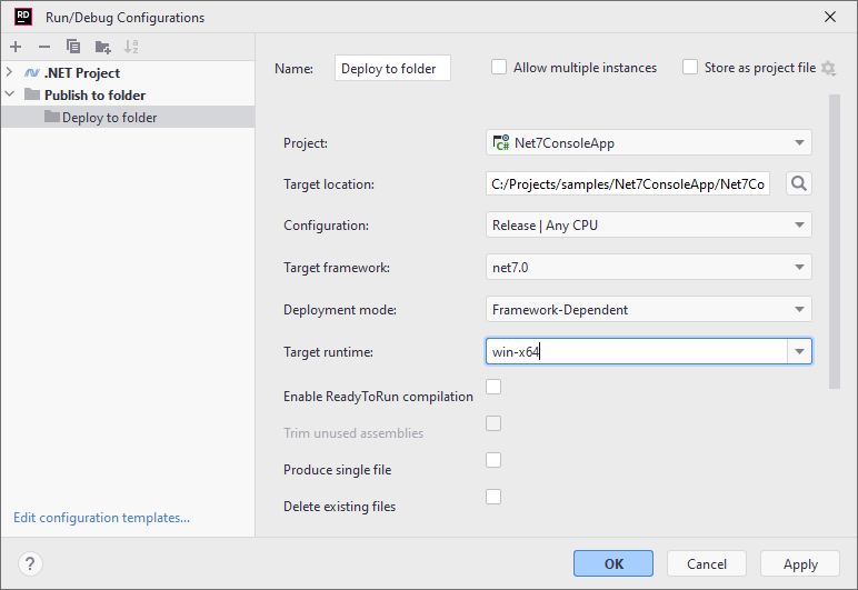 JetBrains Rider: Run/Debug Configuration: Publish to Folder