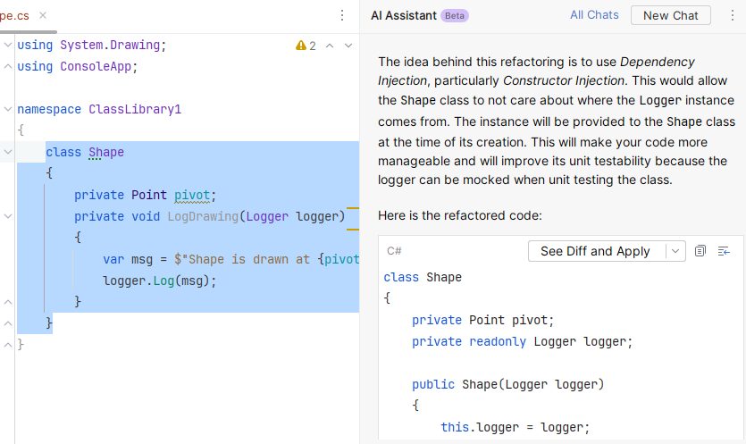 JetBrains Rider: AI Assistant suggests refactoring