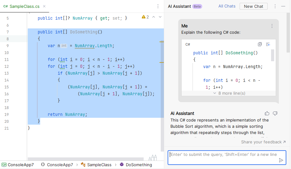 JetBrains Rider AI Assistant explains code