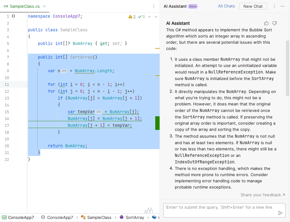 JetBrains Rider: AI Assistant finds potential problems in the selected code