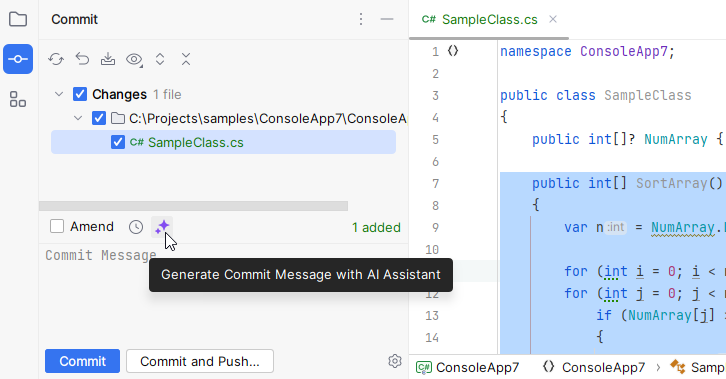 JetBrains Rider: AI Assistant generates commit messages