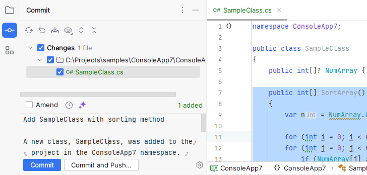 JetBrains Rider: AI-generated commit message