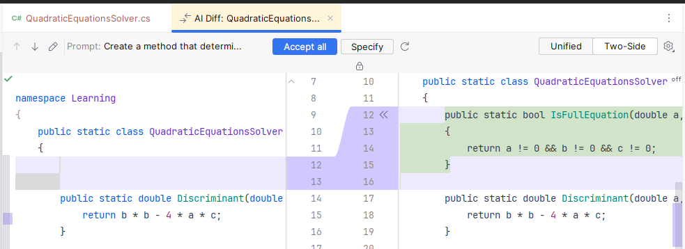 Generated code in diff tab