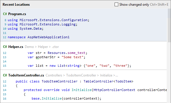 JetBrains Rider: Recent Locations popup