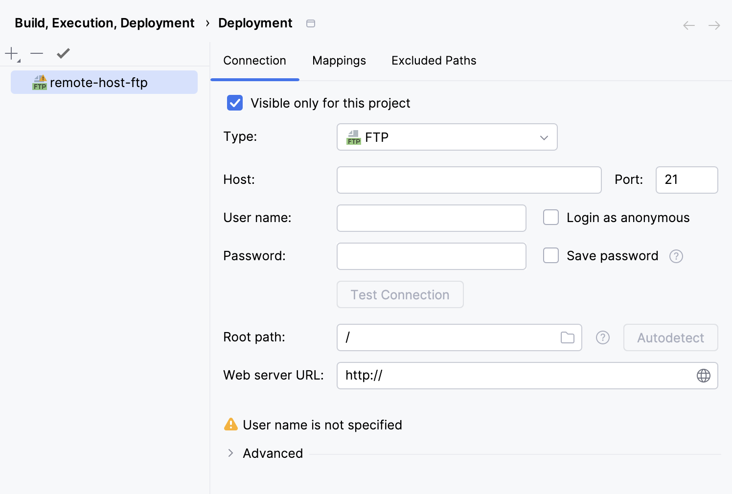 Create remote host FTP, FTPS, WebDav connection