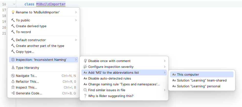 JetBrains Rider: Saving an ignored abbreviation to a settings layer