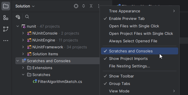 JetBrains Rider: Hide Scratches and Consoles