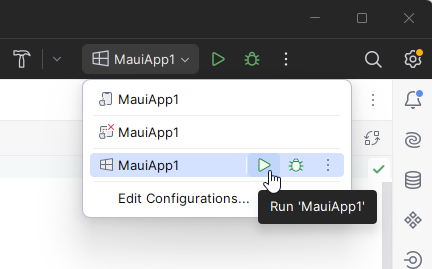 JetBrains Rider: Choosing a run/debug configuration for a MAUI application