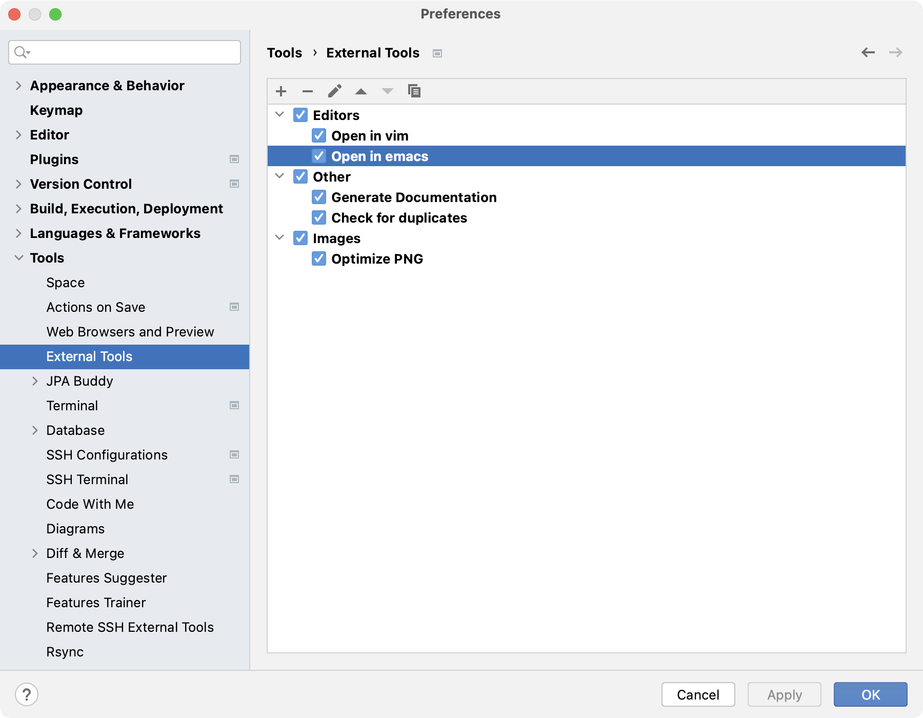 The External Tools settings page