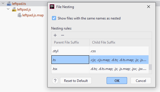 JetBrains Rider: Grouping related files using file nesting