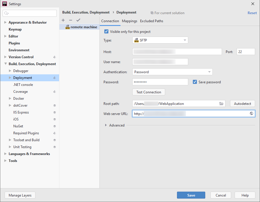 SSH remote debugging. Deployment settings