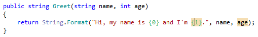 Highlighting of arguments and placeholders in string formatting methods