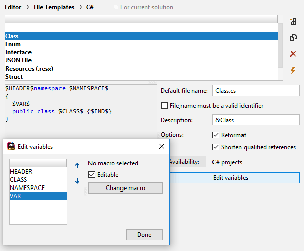 JetBrains Rider: Template editor