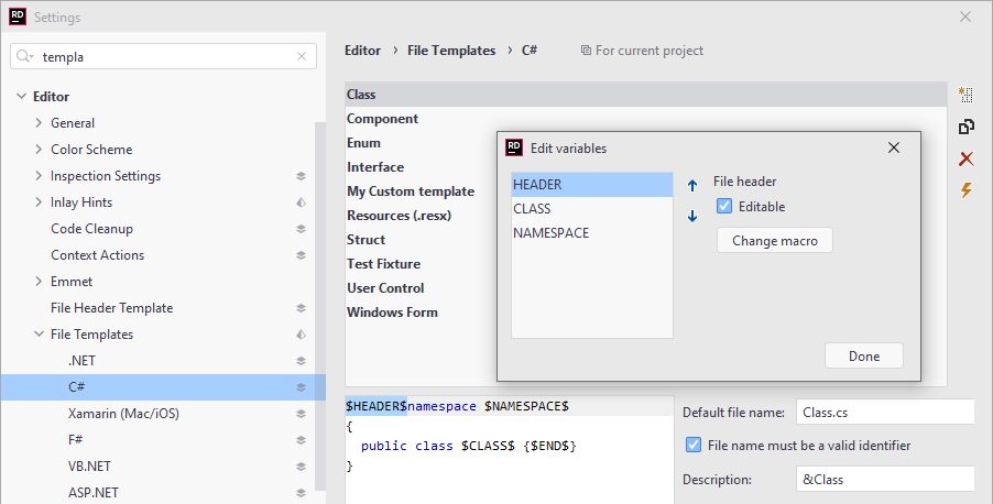 JetBrains Rider: File template with file header