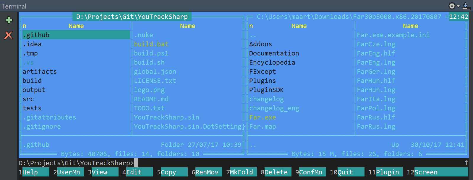 Using Far Manager in the JetBrains Rider's terminal emulator