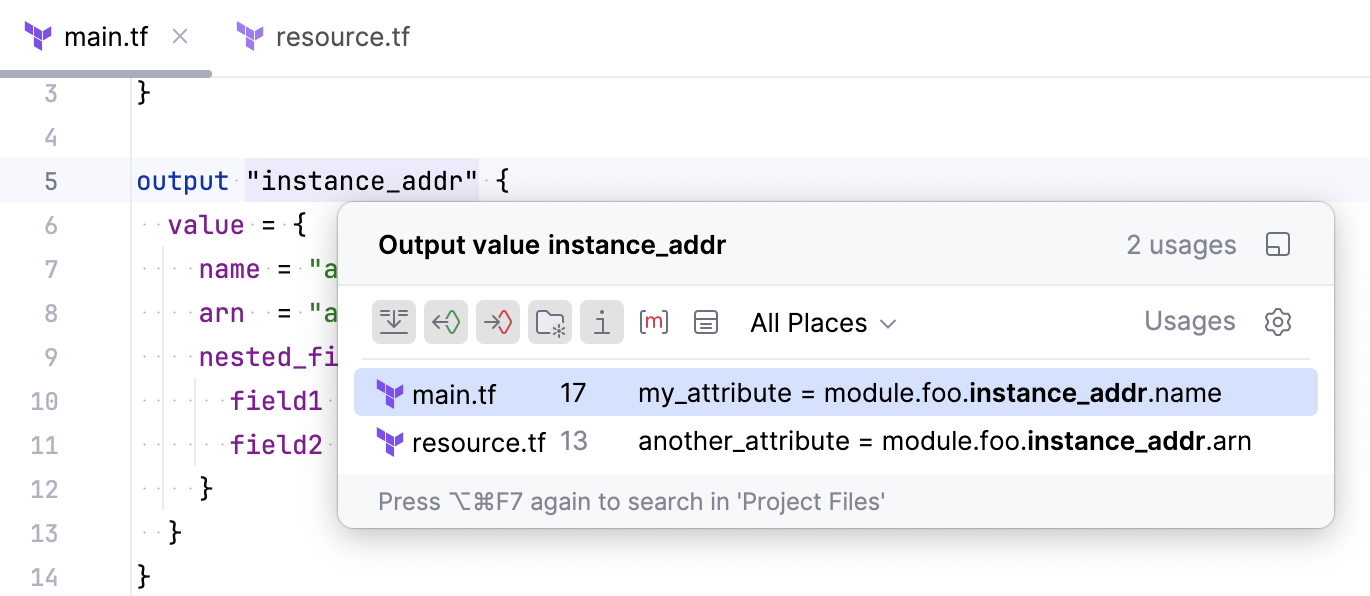 Terraform find usages