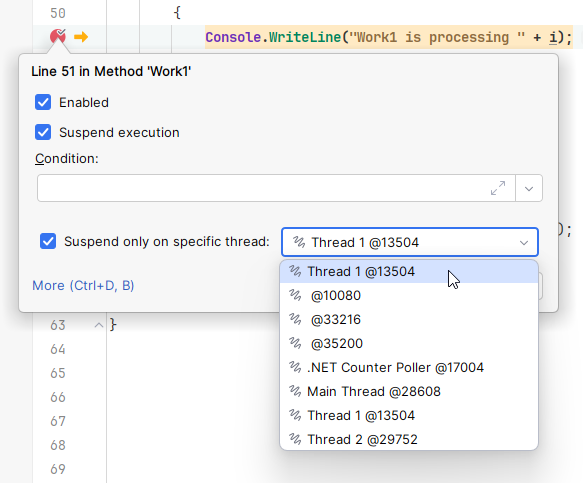 JetBrains Rider: Making a breakpoint thread-specific