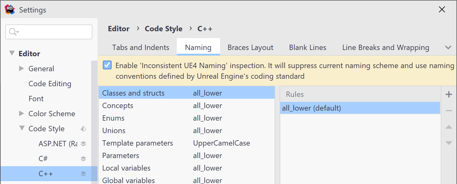 JetBrains Rider: Applying UE4 naming conventions