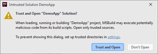 JetBrains Rider. Notification about an untrusted solution