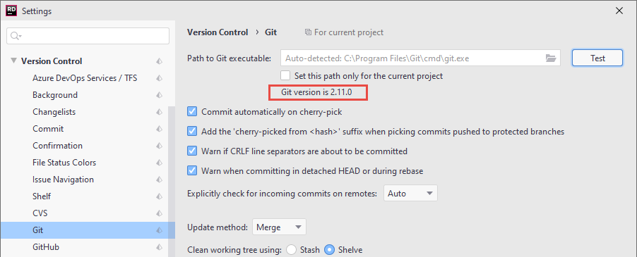 JetBrains Rider: Checking the status of Git executable